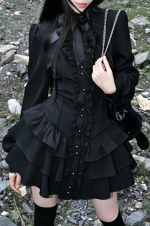 Black Gothic Lace O Neck Long Sleeve Slim Lolita Mini Dress Secondary image