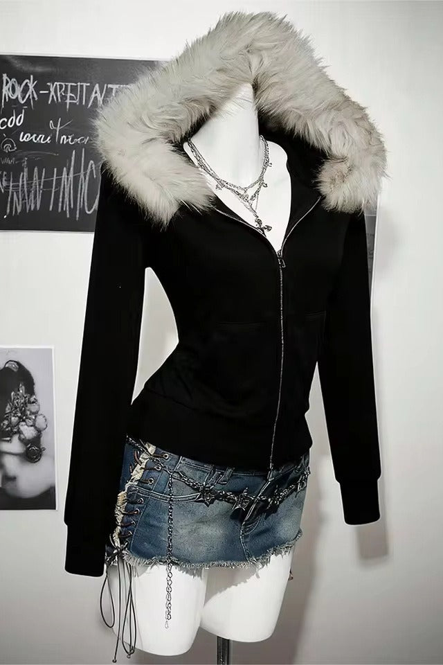 Fitted Contrast Fur Trim Zip Hoodie Main image