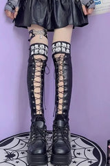 Punk Gothic Y2K PU Tie Letter Print Industrial Leg Warmers
