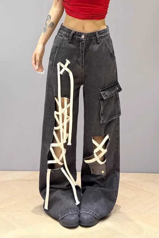 Lace Up Pocket Wide Leg Cargo Jeans
