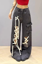 Lace Up Pocket Wide Leg Cargo Jeans