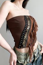 Boho Metal Trim Fringe Tube Top