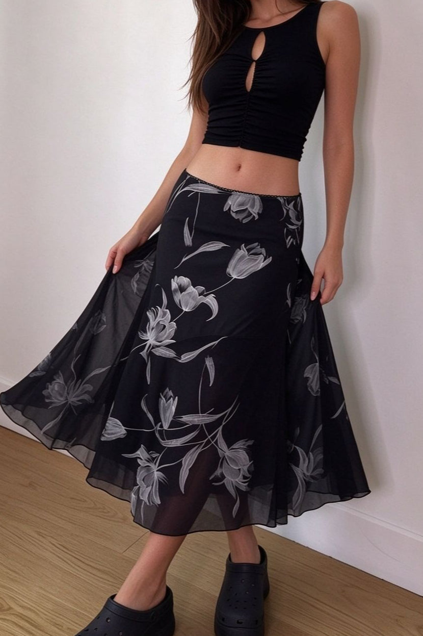 Monochrome Floral Mesh Midi Skirts