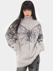 Butterfly Jacquard Turtleneck Warm Cashmere Cardigan Sweater
