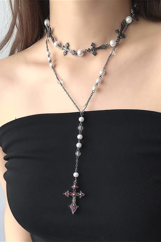 Gothic Pearl Cross Layered Necklace