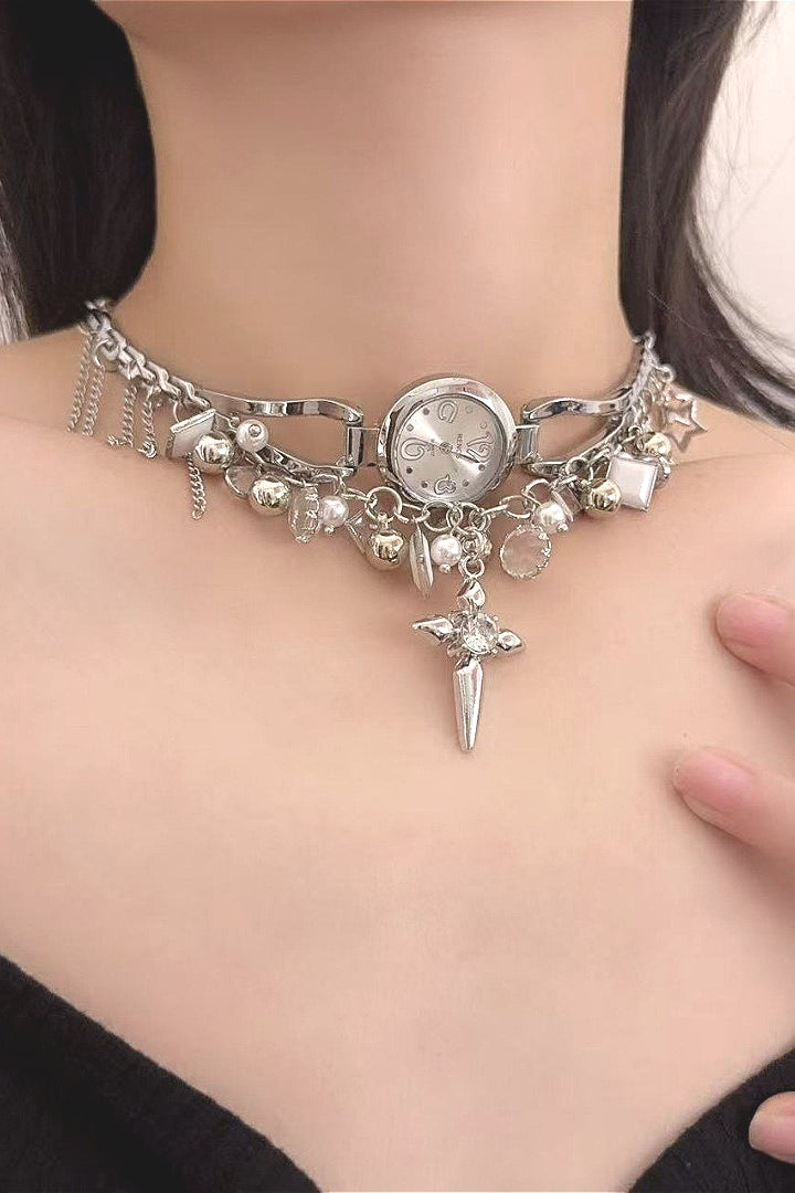 Streetwear Clock Beaded Cross Necklace