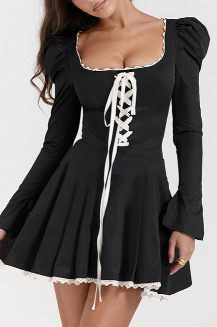 Lace Up Puff Shoulder Mini Dress