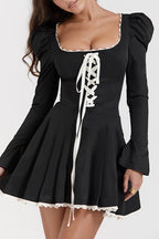 Lace Up Puff Shoulder Mini Dress