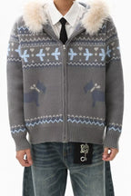 Dog Motif Fluffy Trim Knit Hoodies