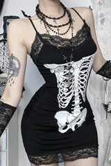 Skull Print Lace Patchwork Spaghetti Strap Bodycon Mini Dress