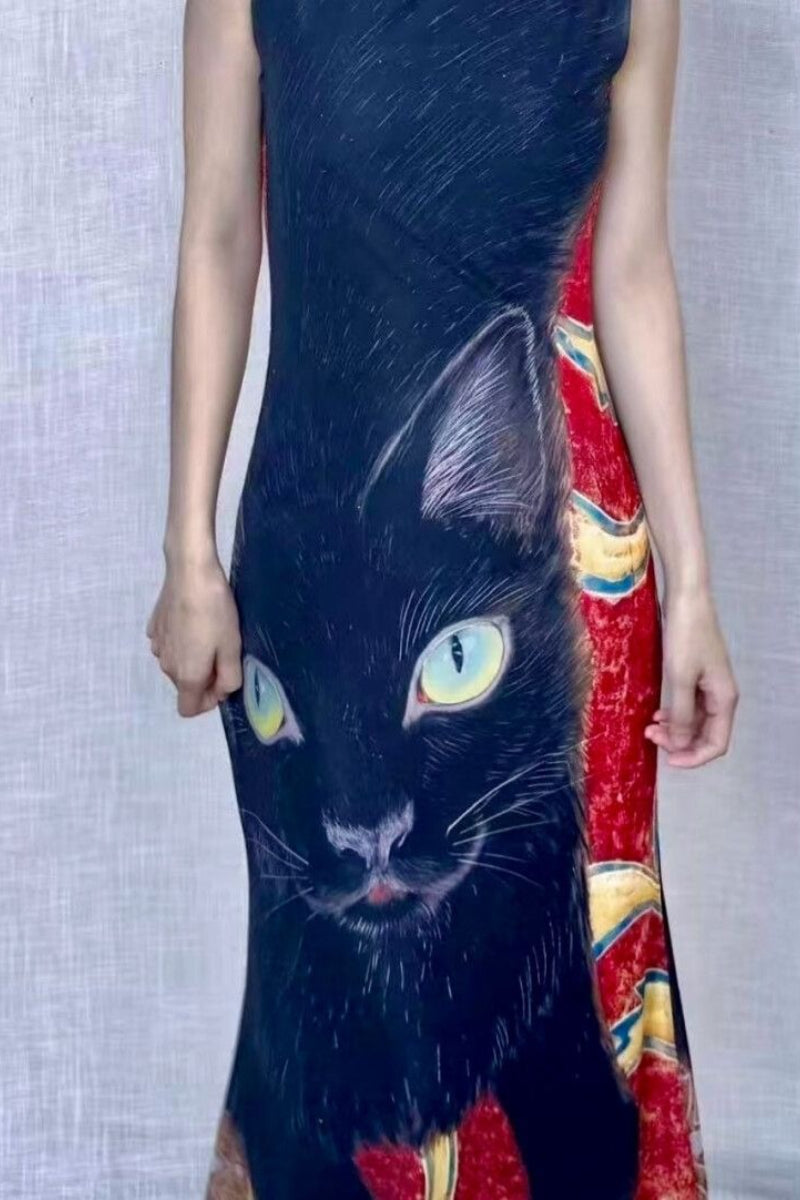 Black Cat Print Sleeveless Dress