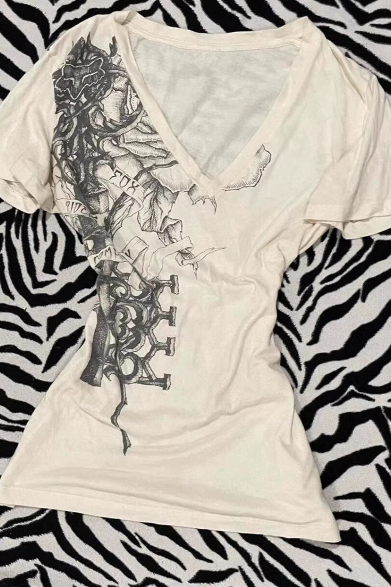 Vintage Printed V Neck Ruched Slim T-shirt Main image