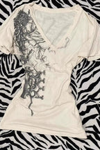 Vintage Printed V Neck Ruched Slim T-shirt