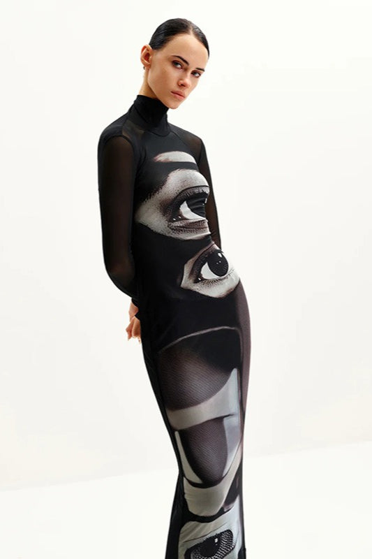Eye Print High Neck Maxi Dress