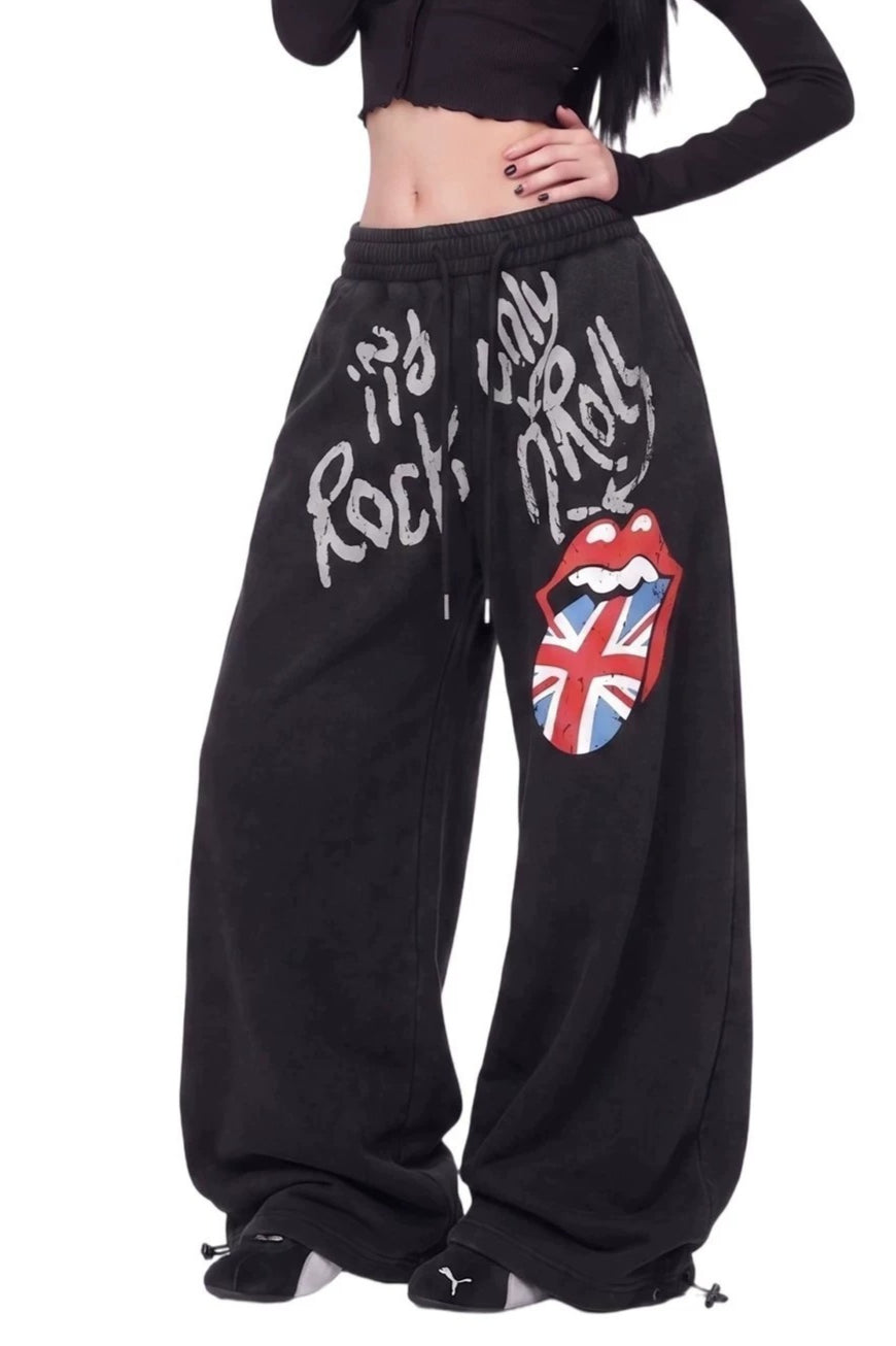 Graphic Tongue Print Baggy Pants
