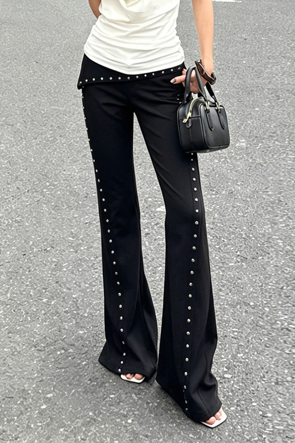 Stud Trim Foldover Waist Flare Pants Main image