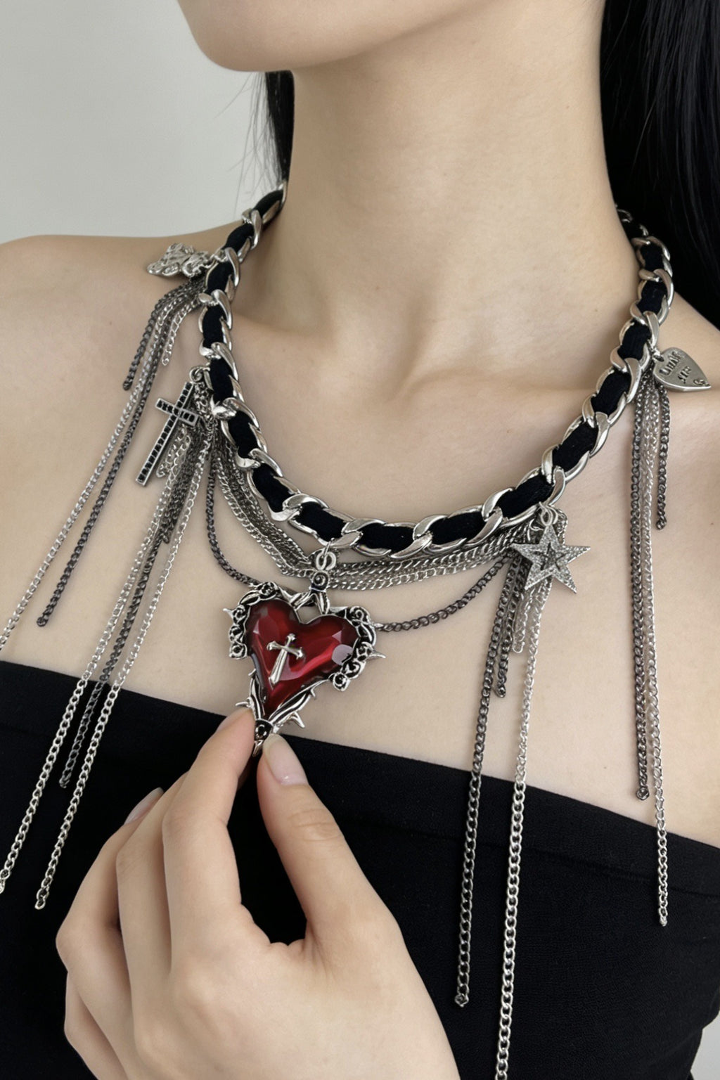 Heart Cross Chain Fringe Necklaces