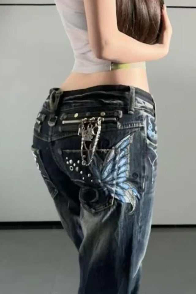 Butterfly Embroidered Low-Rise Flare Jeans