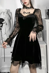 Dark Gothic Solid Color Bandeau Long - sleeved Lace - stitched Mini Dress