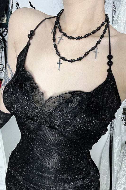 Black Glitter Cutout Slit Maxi Dress