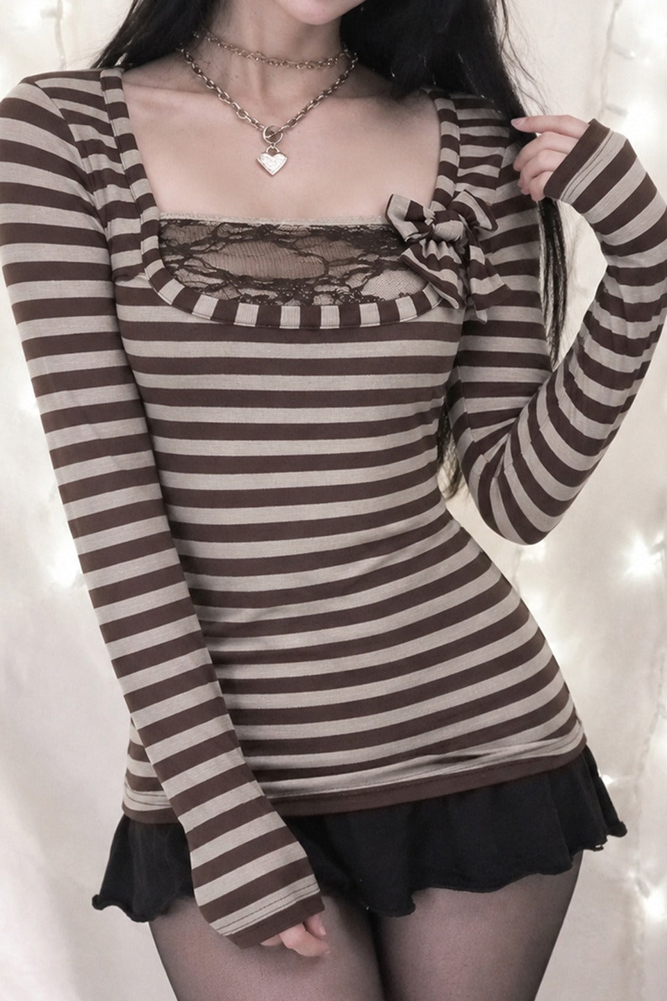 Striped Bow Lace Trim Top
