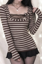 Striped Bow Lace Trim Top