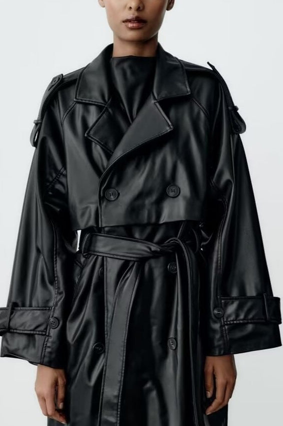 Belted Faux Leather Oversized Long Trench Coat Secondary image