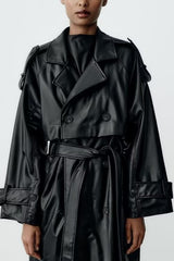 Belted Faux Leather Oversized Long Trench Coat