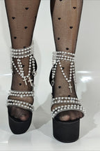 Pearl Chain Platform Block-Heel Sandals