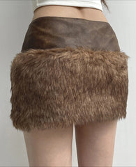 Patchwork PU Leather Furry Skirt