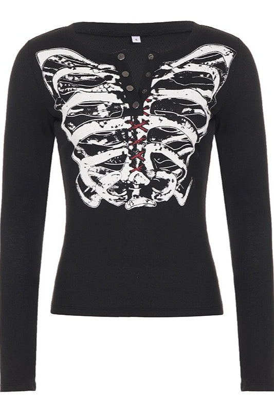 Skeleton Print Button Detail Slim Top