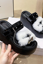 Faux-Fur Heart-Chain Platform Slides