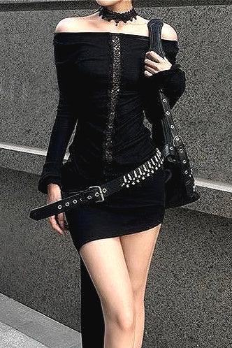 Dark Black Lace Patchwork Cutout Crew Neck T-shirt
