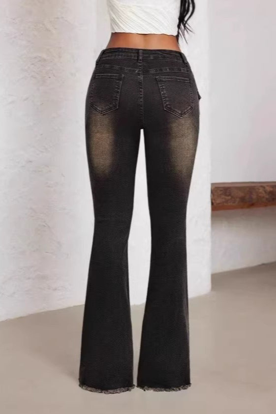 Grommet Belt Washed Flare Jeans