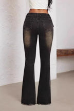 Grommet Belt Washed Flare Jeans