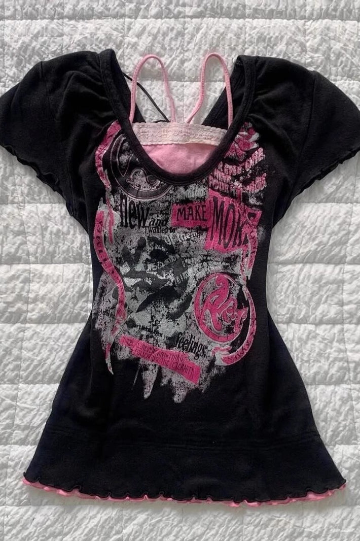 Vintage Washed Graphic Fake Two-Piece Cami T-shirt Main image