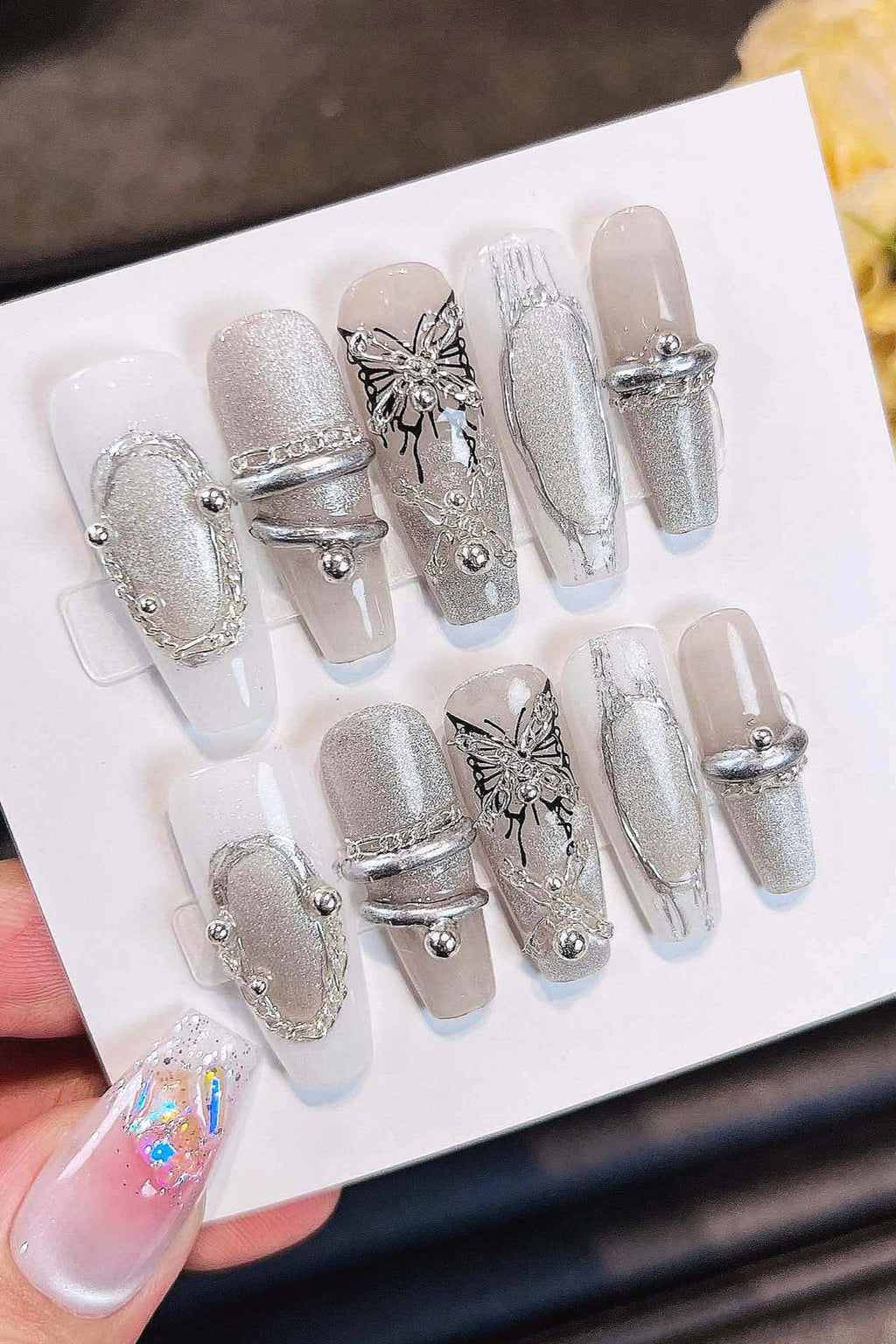Butterfly Rhinestone Glue Drip Press On Nails
