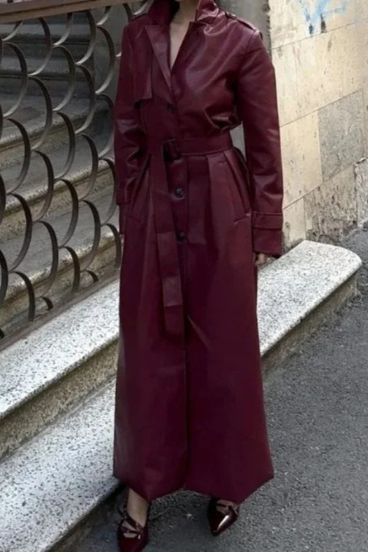 Vintage PU Leather Belted Long Trench Coat Main image
