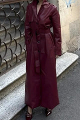 Vintage PU Leather Belted Long Trench Coat