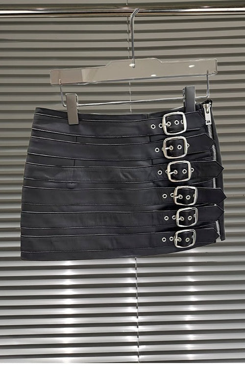 Black Buckle Faux Leather Mini Skirt
