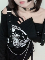 Y2K Gothic Skull Spider Ruching Off Shoulder Long Sleeve Tank Top