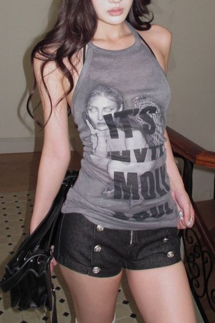 Portrait Letter Graphic Halter Tank Top