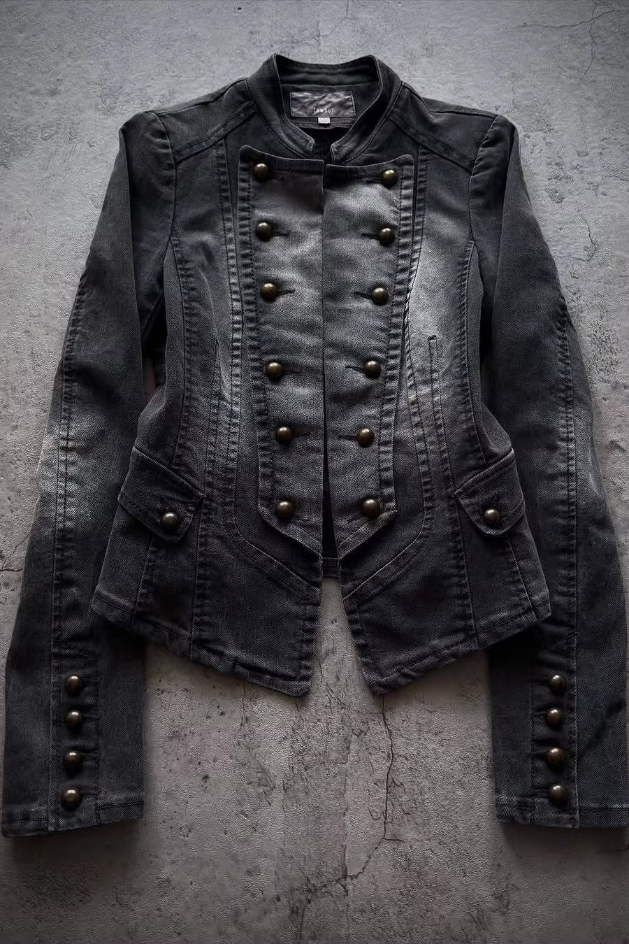 Military Stud Washed Fitted Denim Jacket