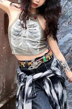 Retro Skeleton Print Sleeveless Army Green Crop Top
