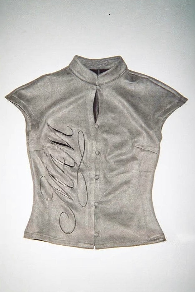 Oriental Stand Collar Letter Printed Frog Button T-shirt