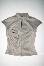 Oriental Stand Collar Letter Printed Frog Button T-shirt