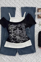 Grunge Y2K Twofer Asymmetrical Print T-shirt