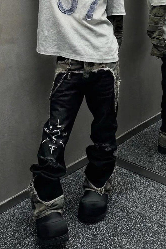 Camo Panel Distressed Flare Jeans