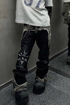 Camo Panel Distressed Flare Jeans
