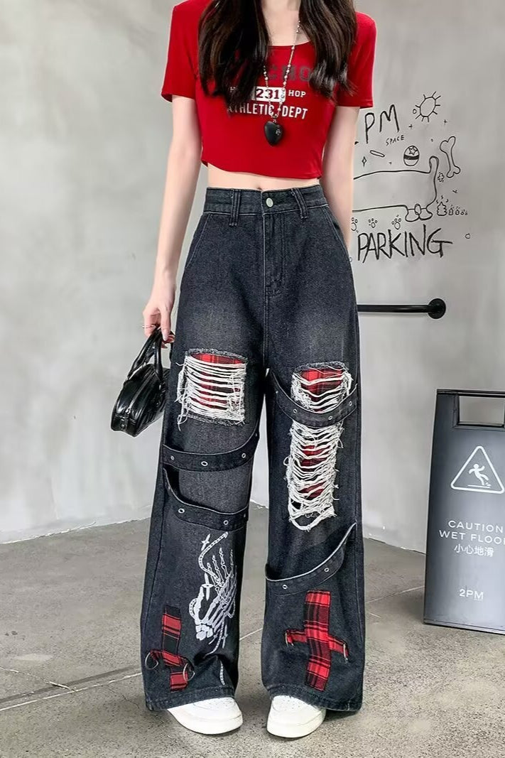 Distressed Graphic Wide Leg Jeans